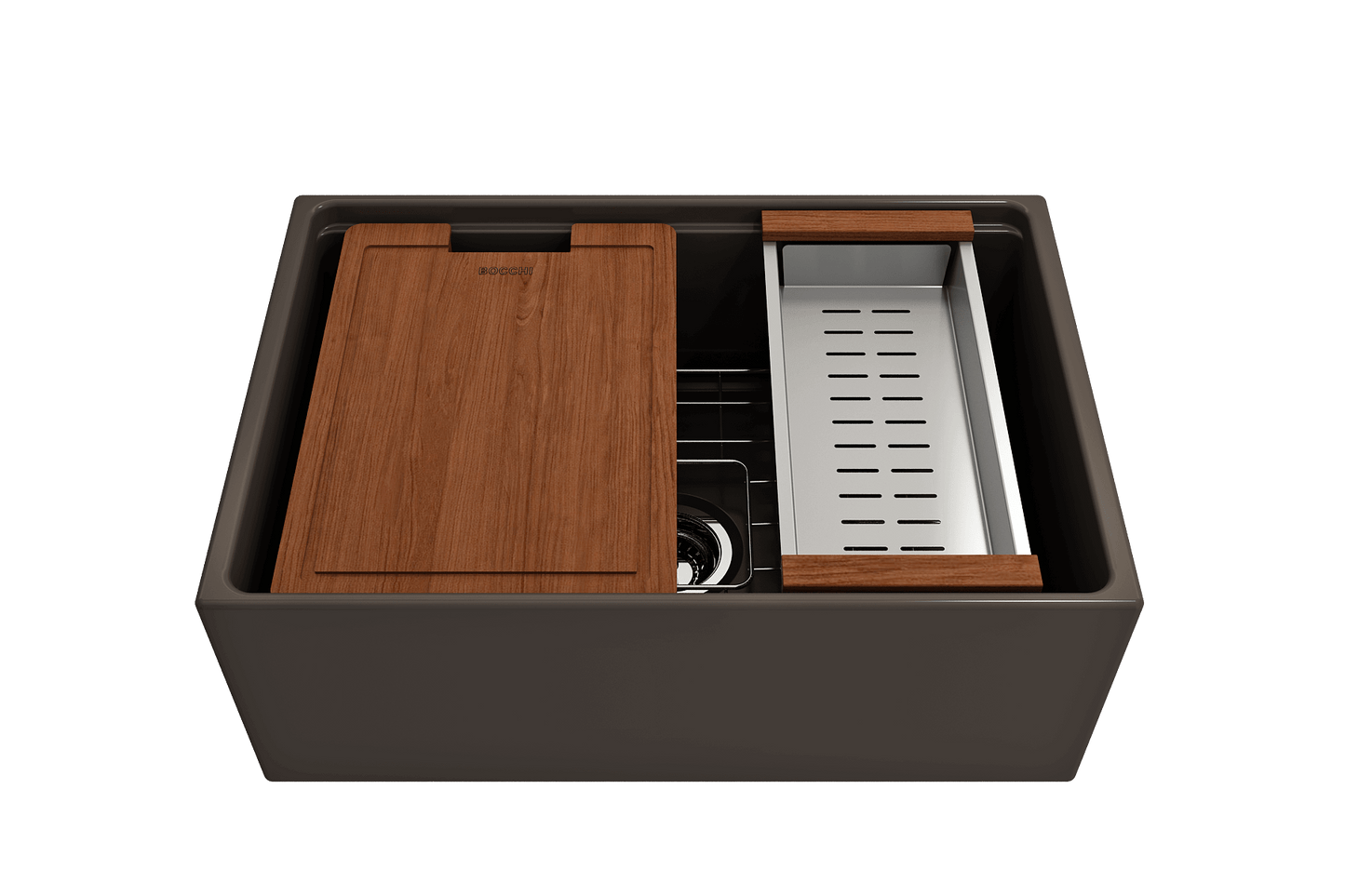 BOCCHI CONTEMPO 27" Fireclay Farmhouse Workstation Kitchen Sink with Accessories featuring wooden cutting board and colander.