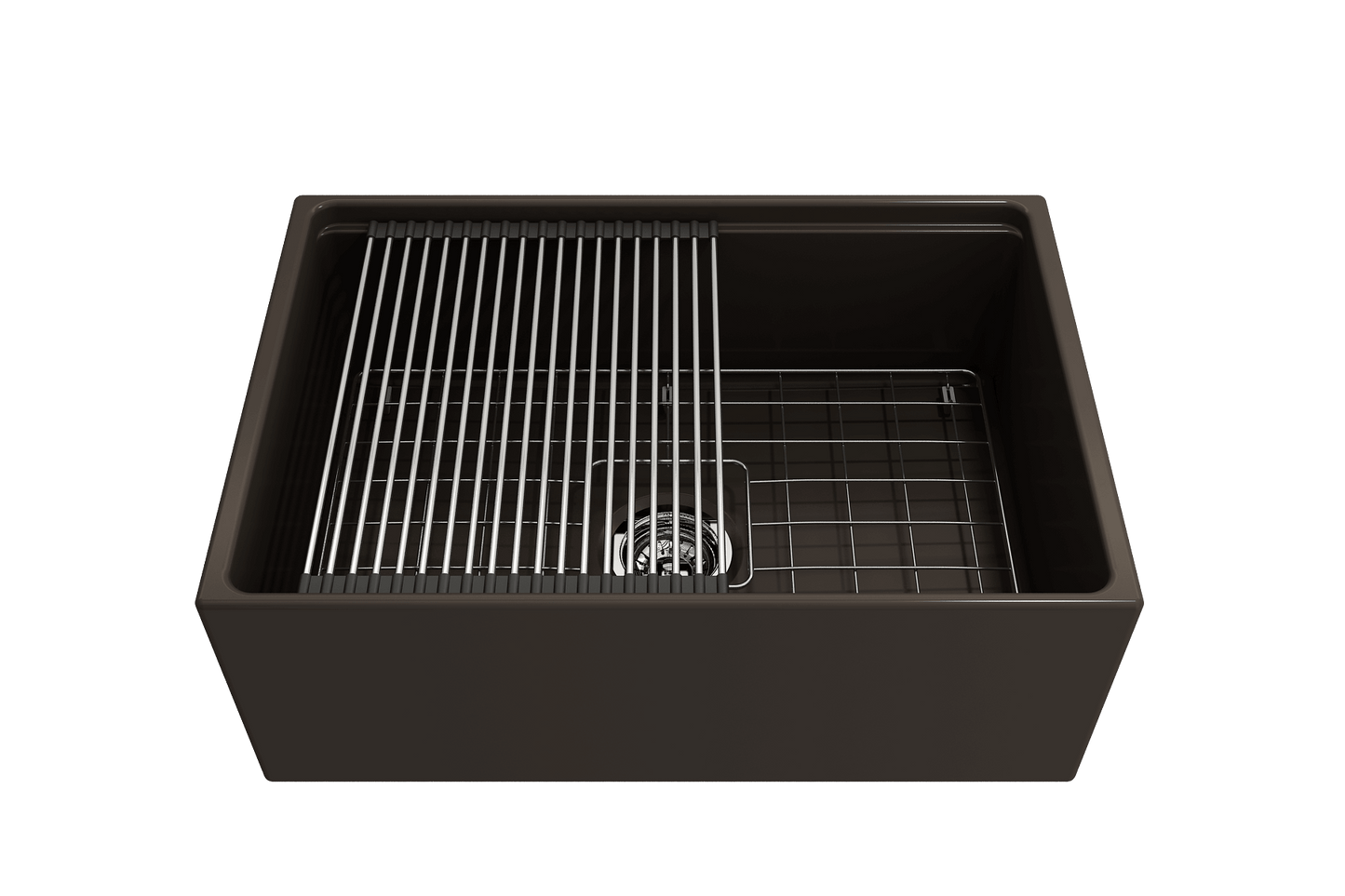 BOCCHI CONTEMPO 27" Fireclay Farmhouse Workstation Kitchen Sink with Accessories top view, showing integrated ledge and rack.
