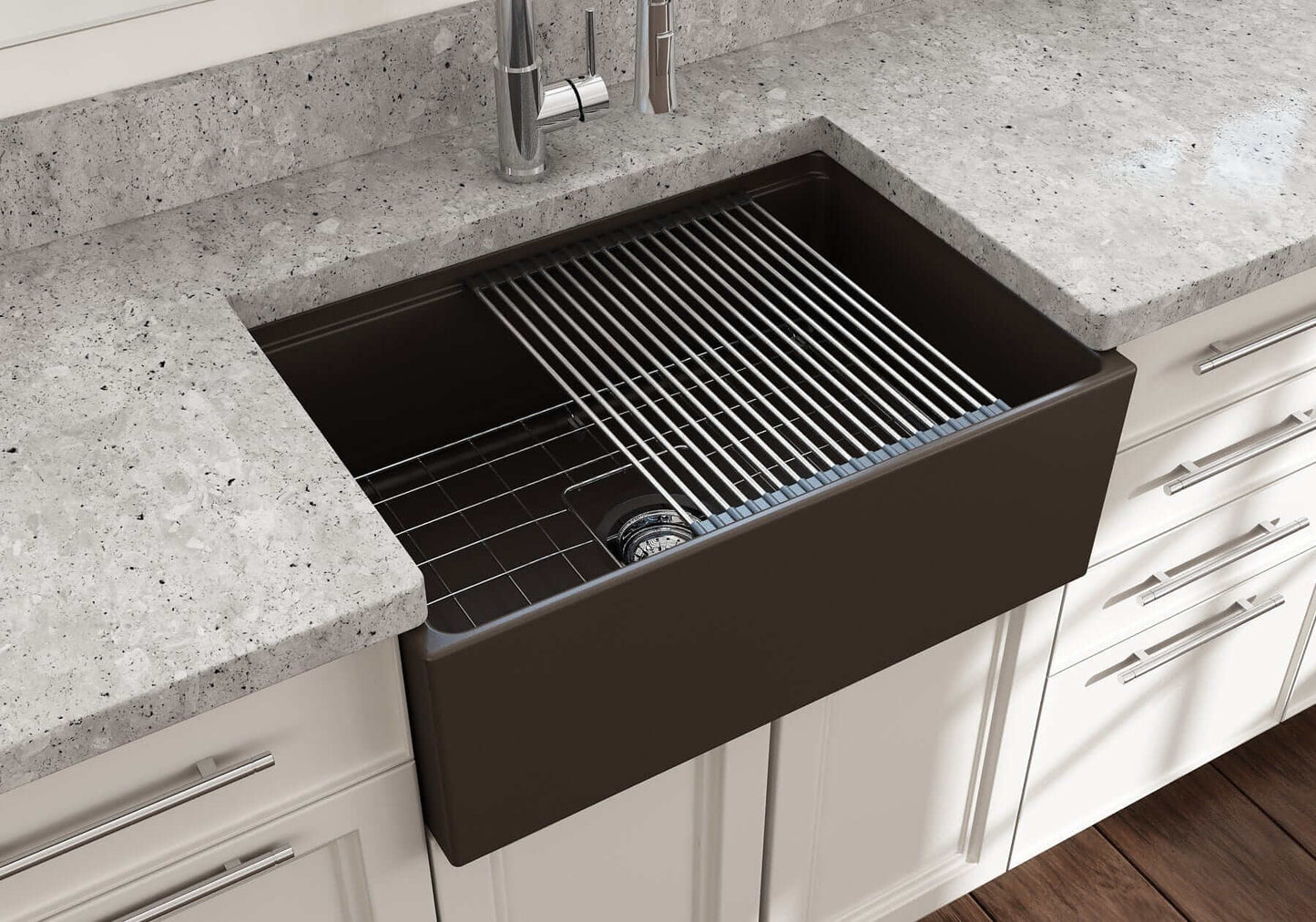 BOCCHI CONTEMPO 27" Fireclay Farmhouse Workstation Kitchen Sink with Accessories showing integrated ledge and grid.