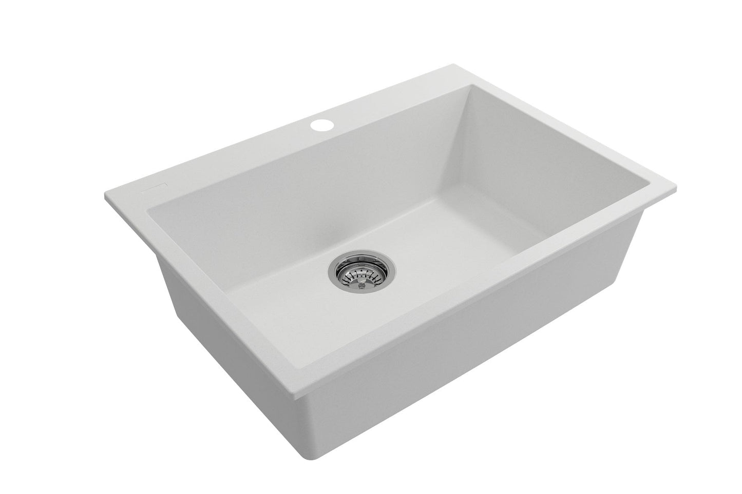 BOCCHI CAMPINO UNO 27" Dual-Mount Single Bowl Granite Composite Kitchen Sink in white finish with drain.