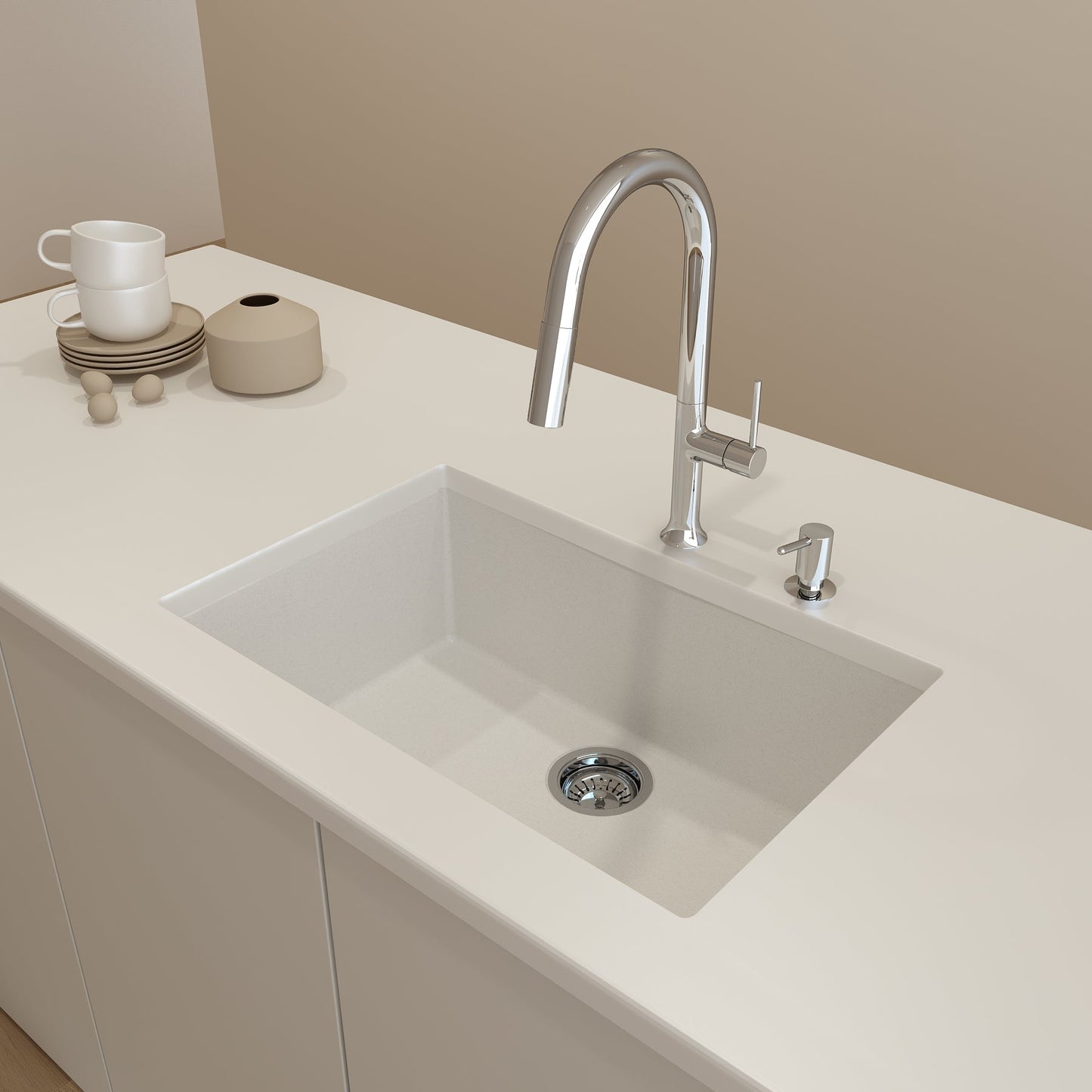 BOCCHI CAMPINO UNO 27" Dual-Mount Single Bowl Granite Composite Kitchen Sink with modern faucet in elegant kitchen setting.