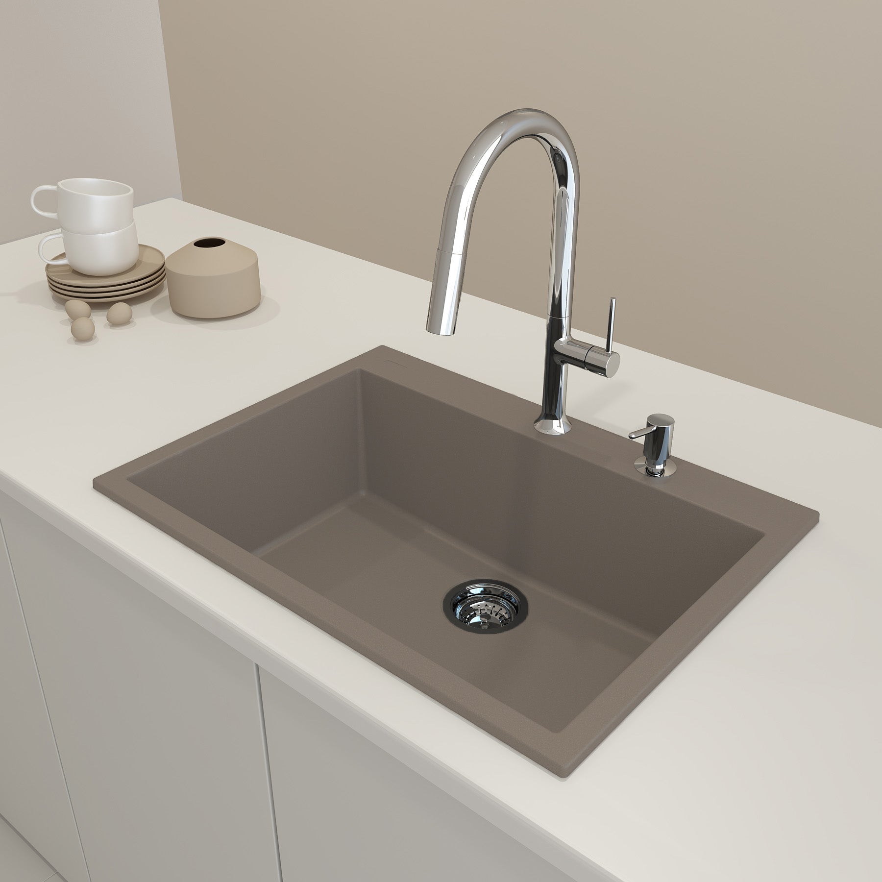 BOCCHI CAMPINO UNO 27" Dual-Mount Single Bowl Granite Composite Kitchen Sink in Mink color with modern faucet showing top mount installation