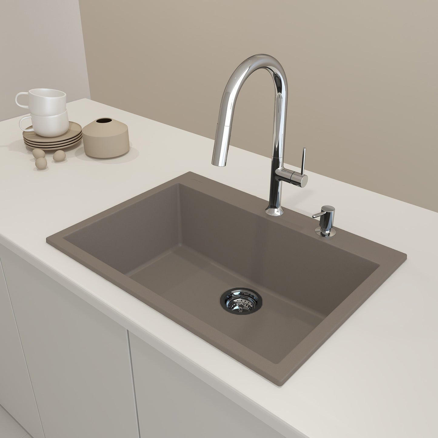 BOCCHI CAMPINO UNO 27" Dual-Mount Single Bowl Granite Composite Kitchen Sink in Mink color with modern faucet showing top mount installation