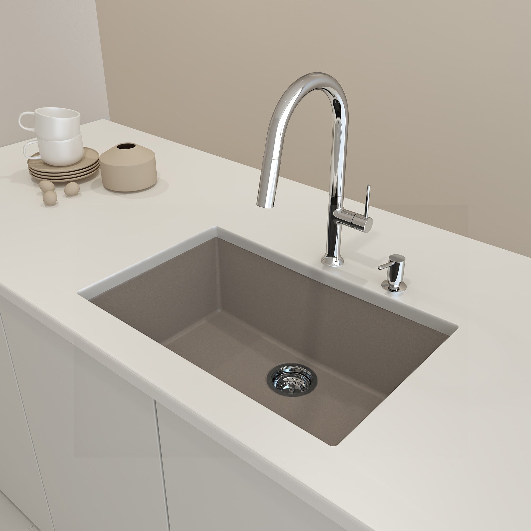BOCCHI CAMPINO UNO 27" Dual-Mount Single Bowl Granite Composite Kitchen Sink in Mink color with modern faucet and countertop showing undermount installation.