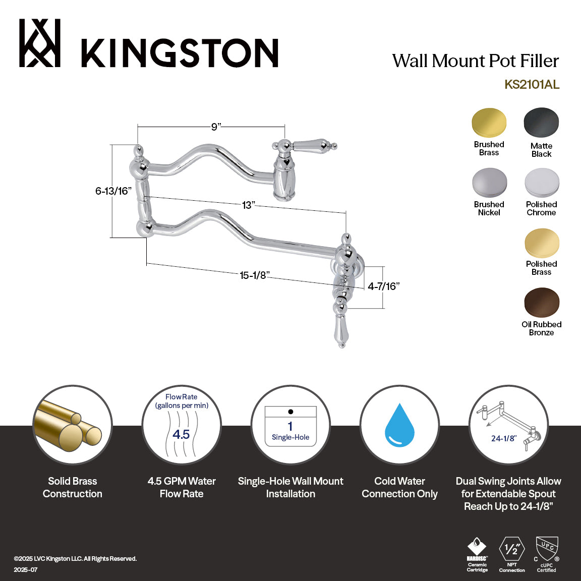 Kingston Brass KS2107AL Heritage Wall Mount Pot Filler Faucet, Brushed Brass dimensions and features diagram.
