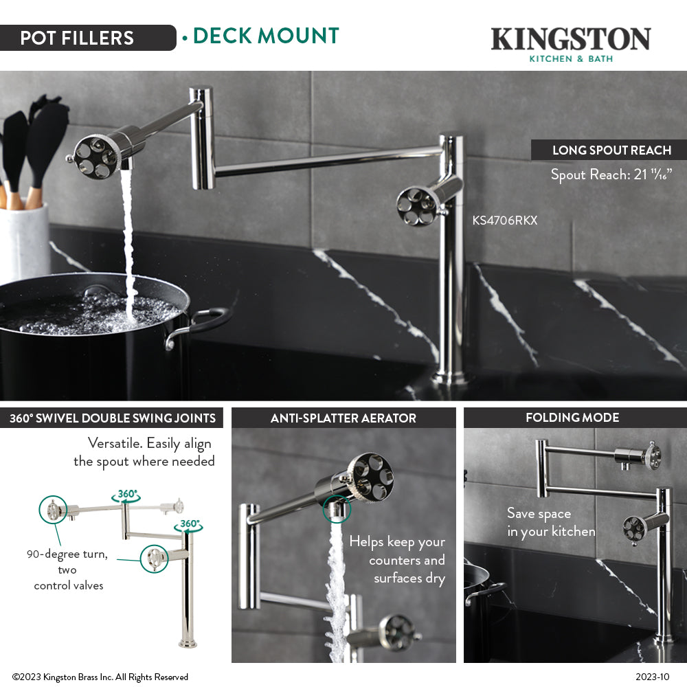Kingston Brass KS4703RKX Webb Deck Mount Pot Filler Faucet with Knurled Handle, Antique Brass in kitchen