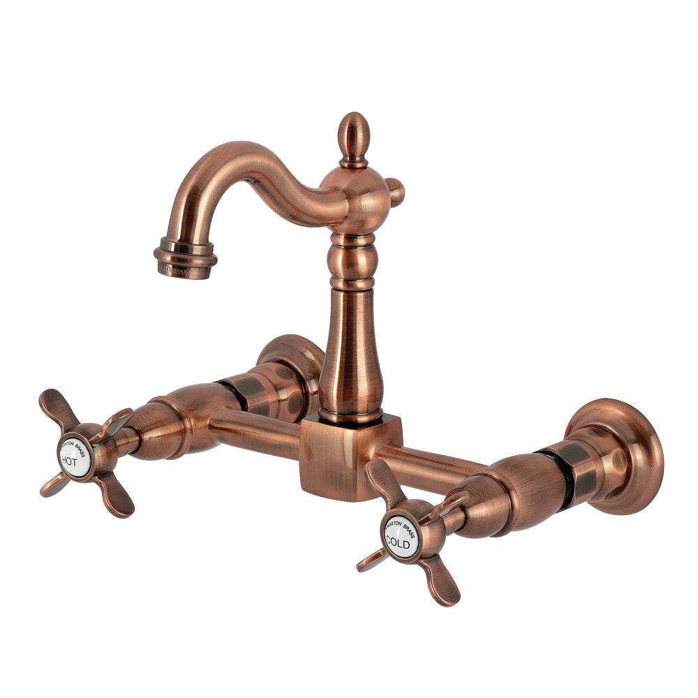 Kingston KS2443BEX Essex Two-Handle Wall Mount Bridge Kitchen Faucet, Antique Brass with vintage design