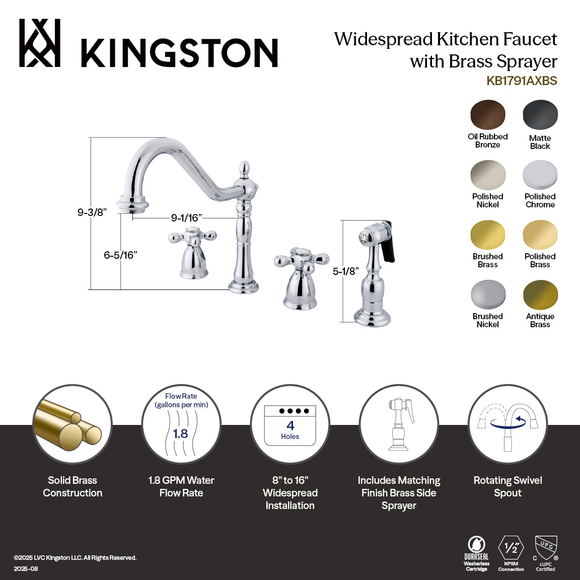 Kingston Brass KB1793AXBS Heritage Double-Handle Widespread Kitchen Faucet with Brass Sprayer, Antique Brass