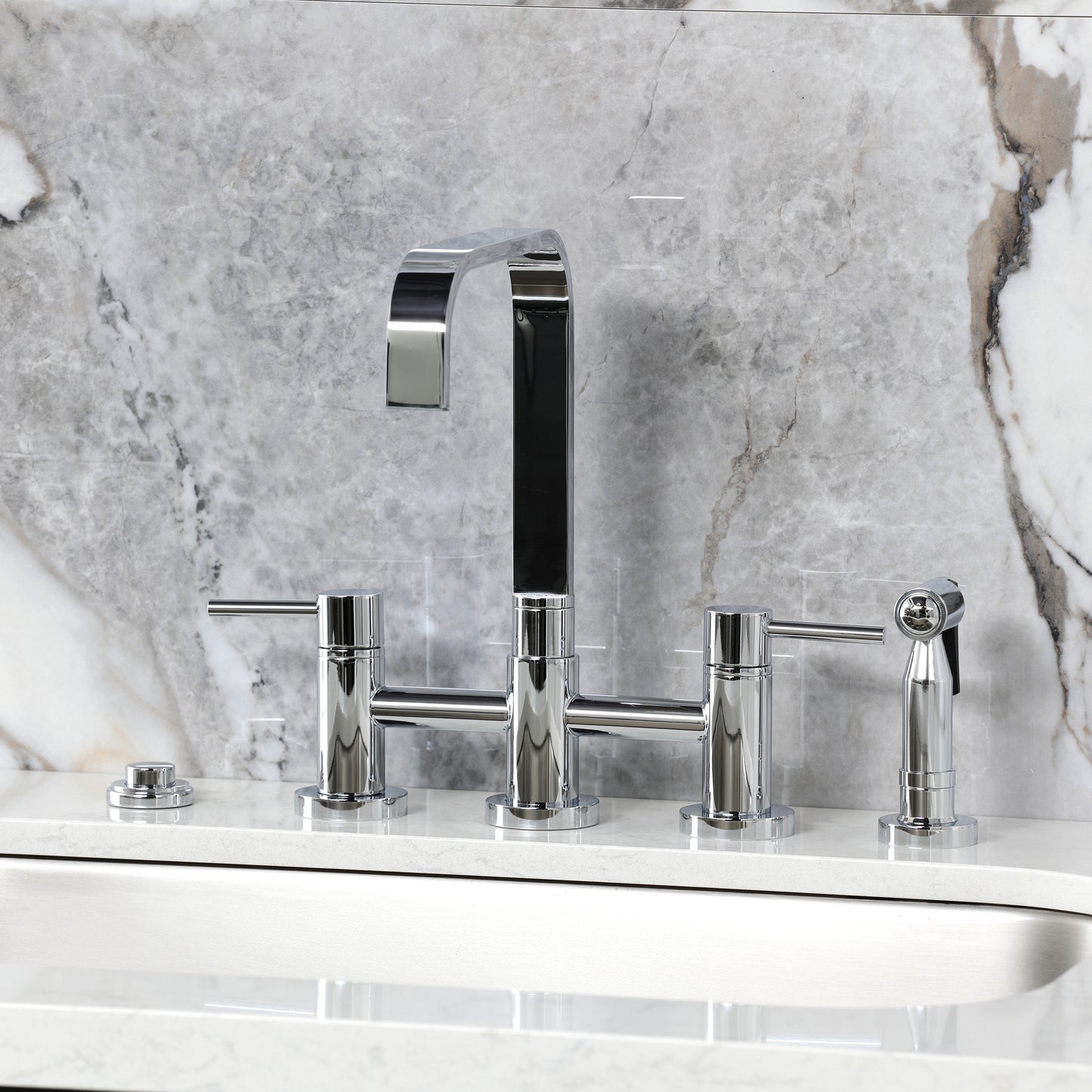 Kingston KS8257DLBS Concord Bridge Kitchen Faucet with Brass Sprayer, Brushed Brass installed in a stylish kitchen