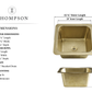 Thompson Tamayo undermount sink dimension diagram showing a hammered brass sink in two views with labeled measurements: 15 1/4 outer length, 13 inner length, 15 1/4 depth width, 7 1/2 depth, and drain specifications on a white background.