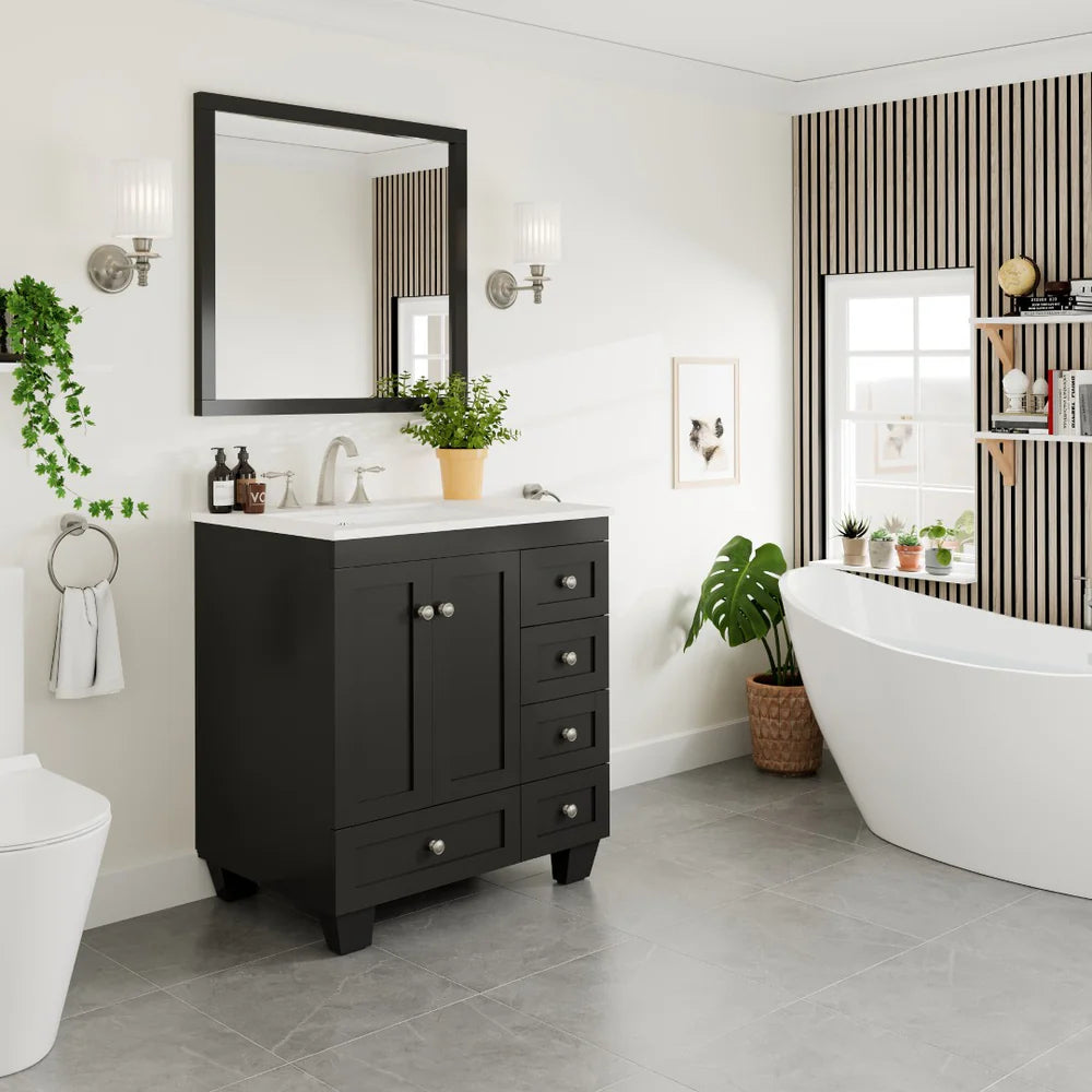 Lifestyle image of a Espresso Eviva Acclaim single sink bathroom vanity with Carrara Quartz top in a bathroom setting