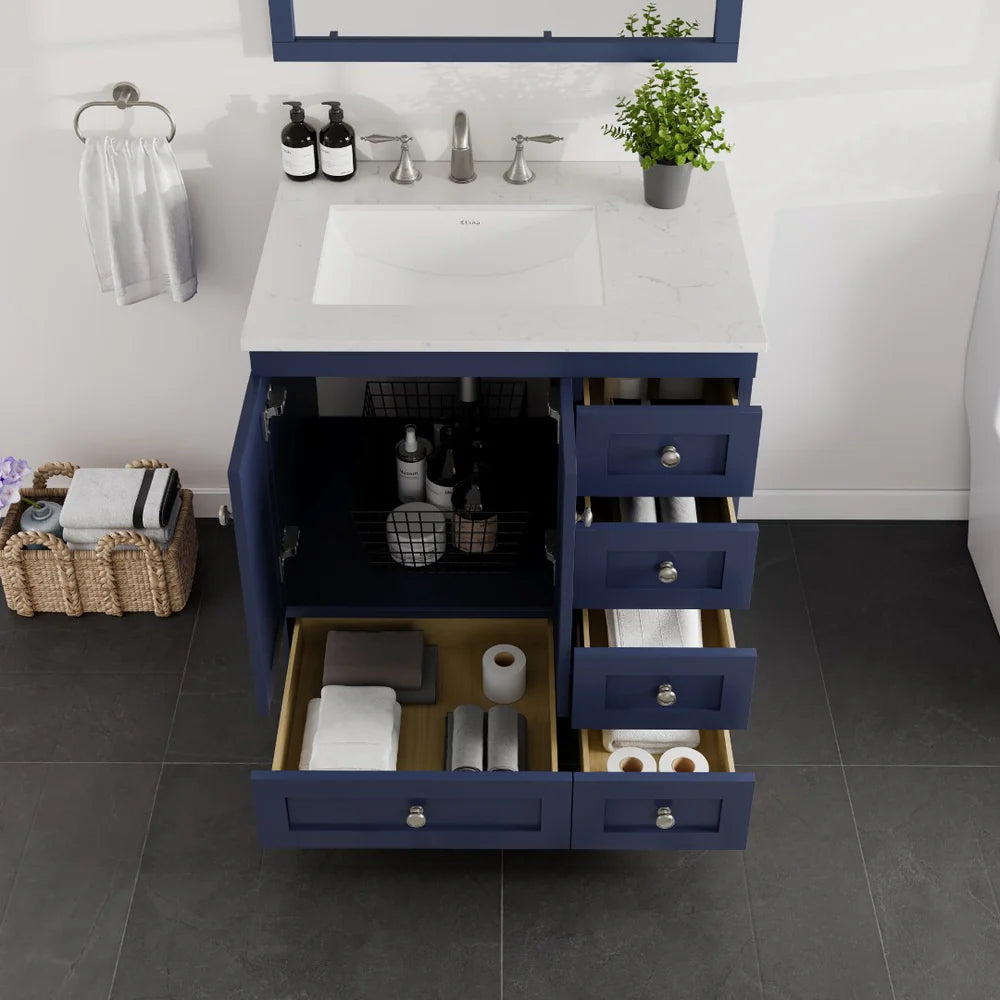 Front view of Eviva Acclaim 30" single sink bathroom vanity in blue with Carrara Quartz top showing  storage capacity