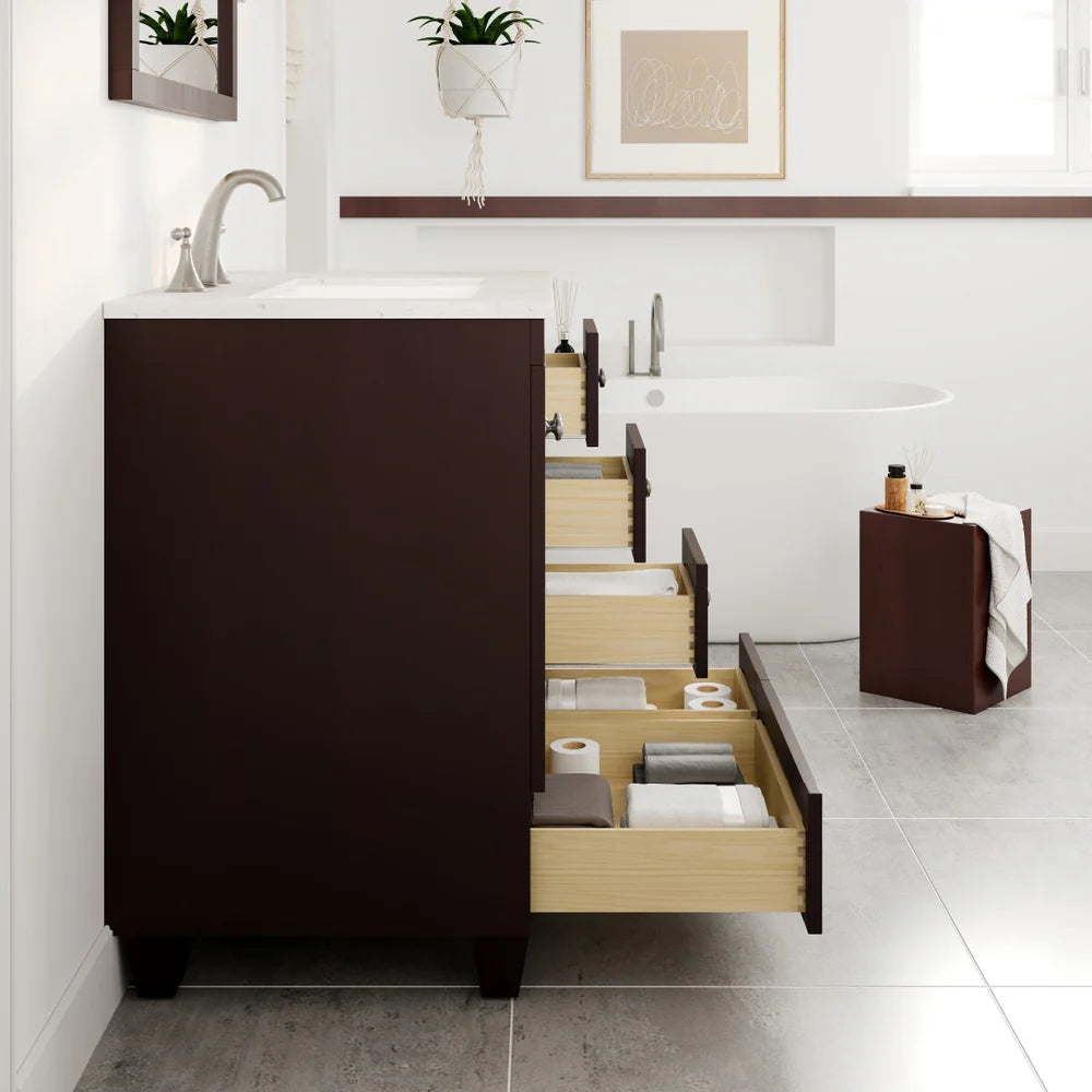 Side view of 30" Eviva Acclaim single sink vanity in Teak showing dovetail drawers