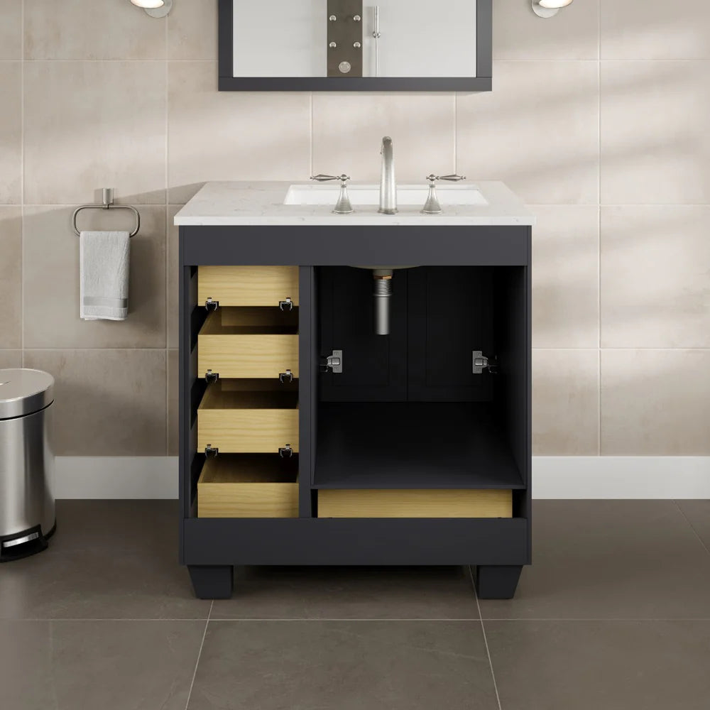 Back view of 30" Eviva Acclaim  single sink vanity in dark gray showing ease of plumbing access