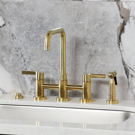 Kingston KS8287CTLBS Continental Bridge Kitchen Faucet with Brass Sprayer, Brushed Brass on a kitchen counter.