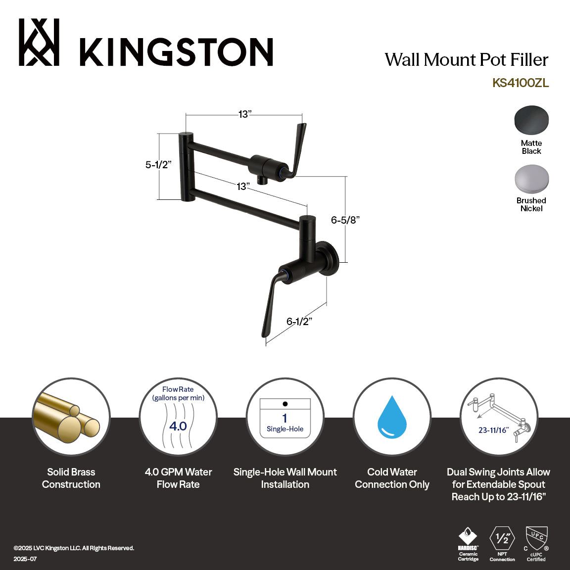 Kingston Brass KS4108ZL Silver Sage Wall Mount Pot Filler Faucet, Brushed Nickel with wall mount features.