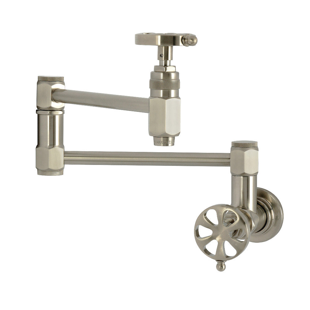 Kingston Brass KS5103RX Belknap Wall Mount Pot Filler Faucet, Antique Brass with stylish industrial wheel handles