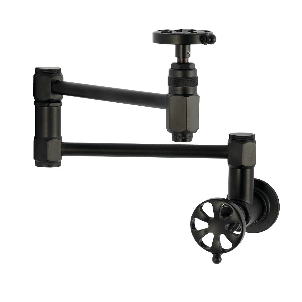 Kingston Brass KS5103RX Belknap Wall Mount Pot Filler Faucet, Antique Brass in matte black finish with industrial wheel handles.