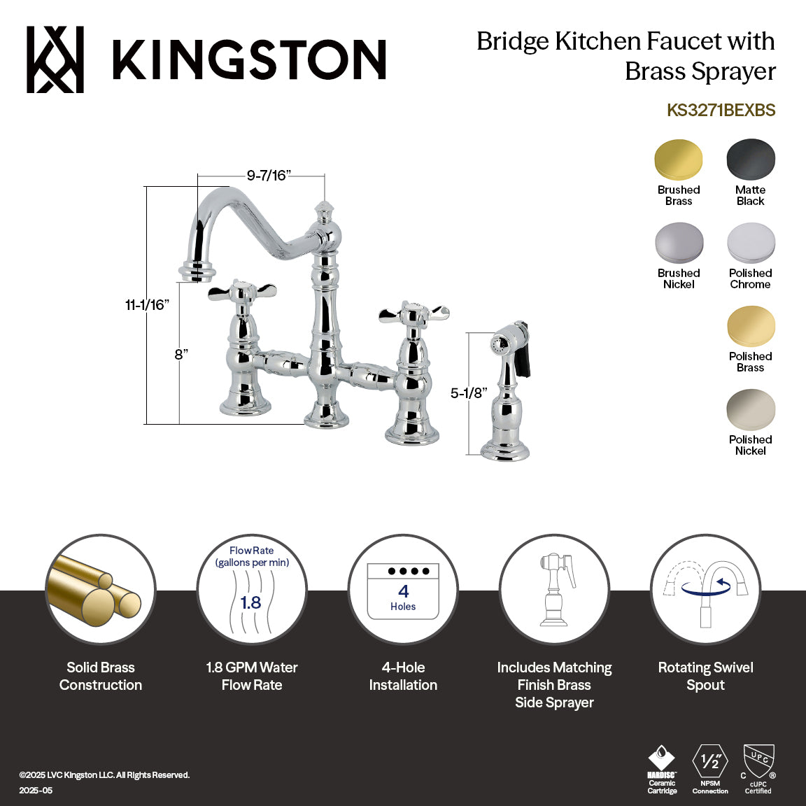 Kingston KS3277BEXBS Essex Bridge Kitchen Faucet with Brass Sprayer, Brushed Brass features detailed measurements and specifications.
