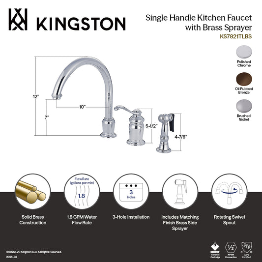 Kingston Brass KS7828TLBS Templeton Single-Handle Widespread Kitchen Faucet with Brass Sprayer, Brushed Nickel