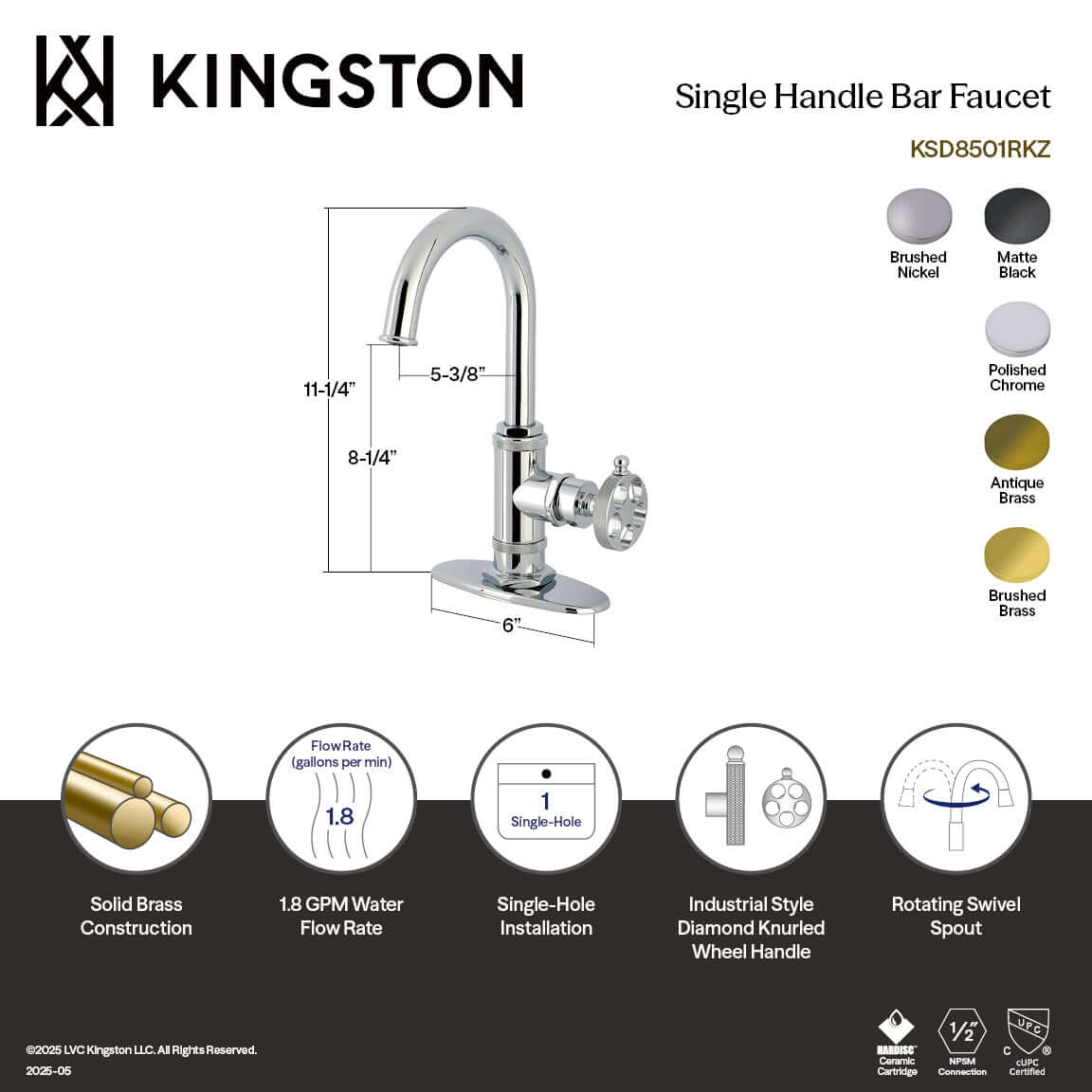 Kingston Brass KSD8503RKZ Wendell Single-Handle Bar Faucet with Knurled Handle, Antique Brass