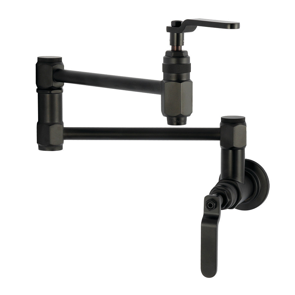 Kingston Brass KS5103KL Whitaker Wall Mount Pot Filler Faucet, Antique Brass in matte black finish.