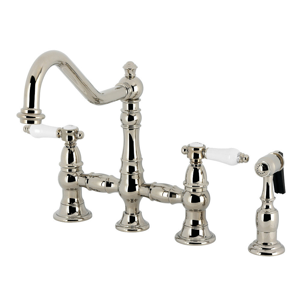 Kingston KS3277BPLBS Bel-Air Bridge Kitchen Faucet with Brass Sprayer, Brushed Brass finish