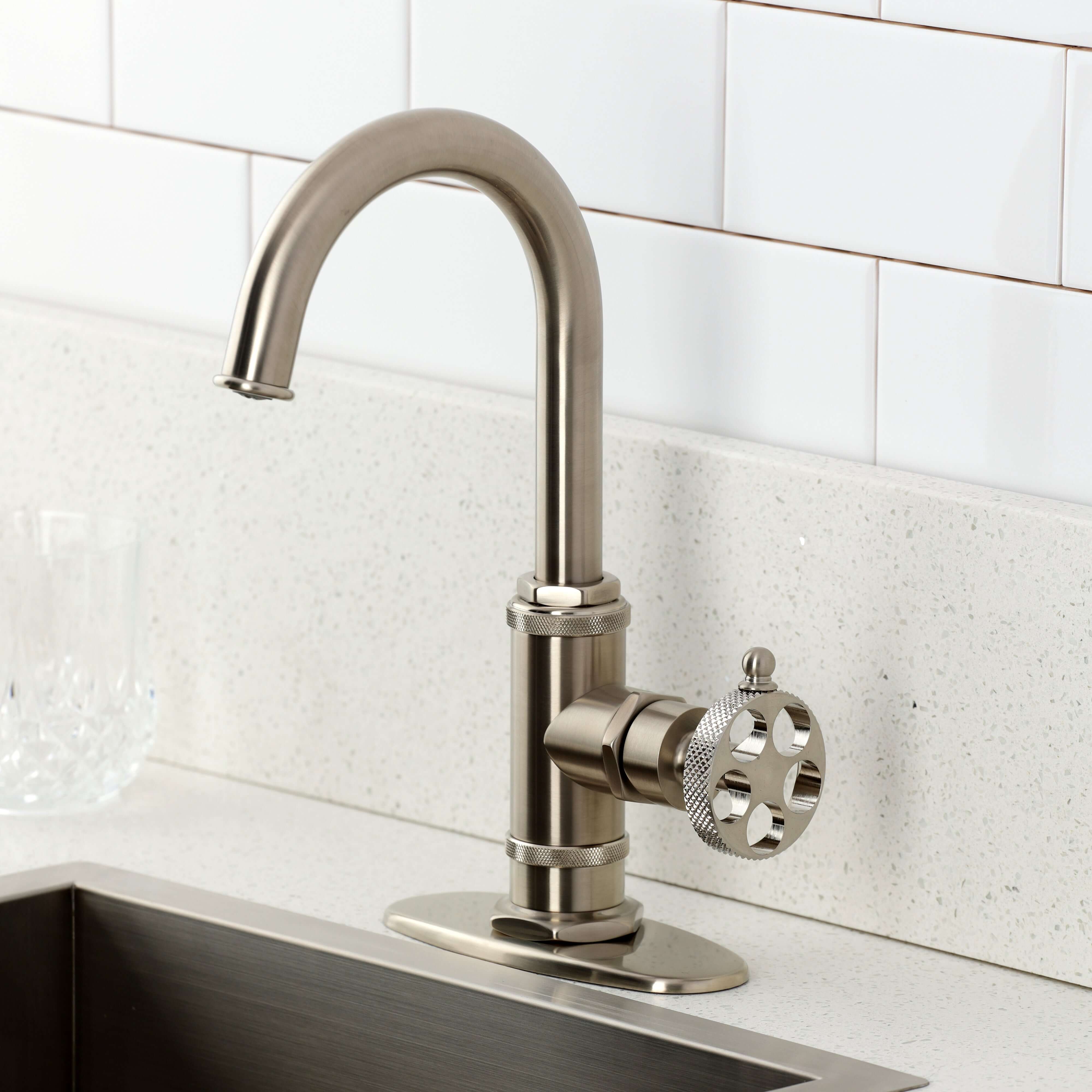 Kingston Brass KSD8503RKX Webb Single-Handle Bar Faucet with Knurled Handle, Antique Brass on kitchen counter