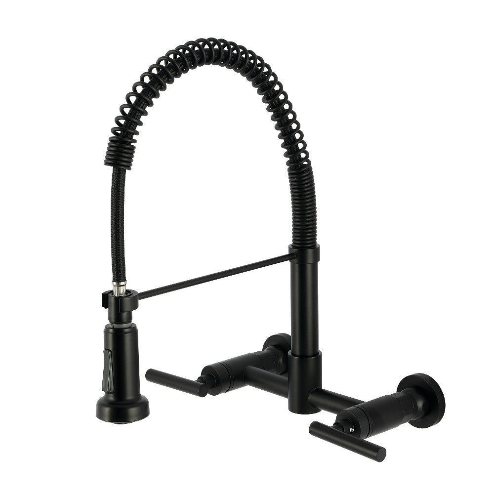 Kingston Brass GS8187CML Manhattan Double-Handle Wall-Mount Pre-Rinse Bridge Kitchen Faucet, Brushed Brass in Matte Black finish.