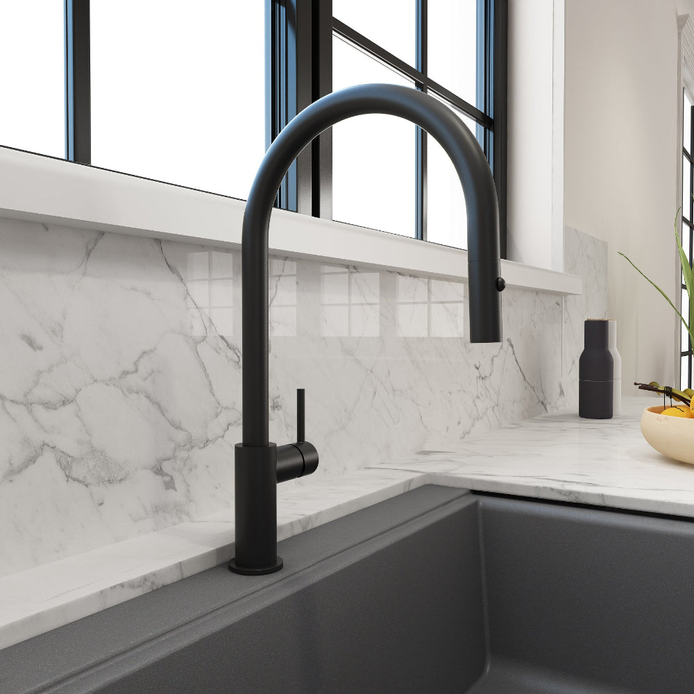 Bocchi Baveno Duo faucet in Matte Black paired with gray granite sink