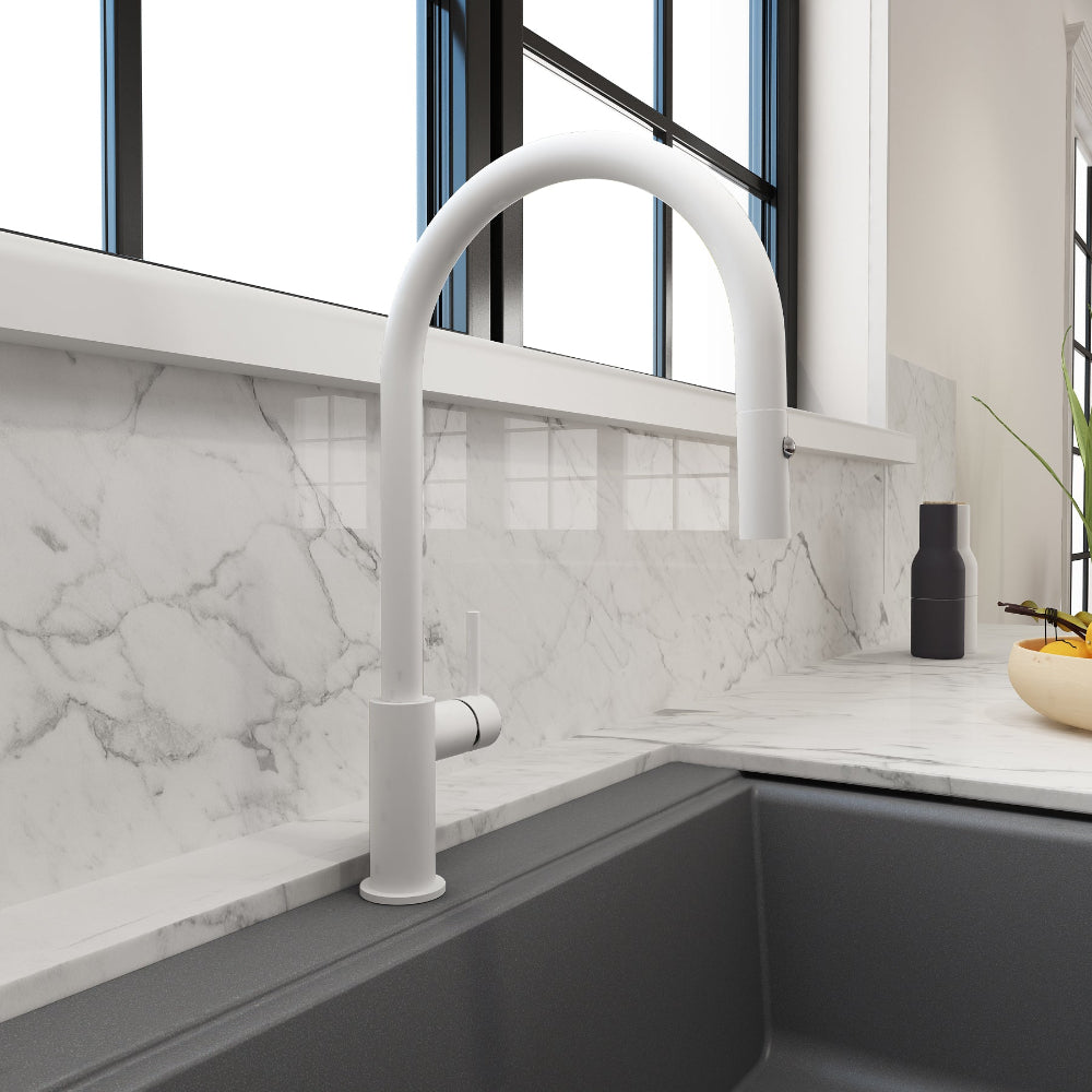 Sink mount installation for Bocchi Baveno Duo shown in Matte White