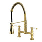 Kingston Brass GS1273BPL Bel-Air Double-Handle Deck-Mount Pre-Rinse Bridge Kitchen Faucet, Antique Brass with porcelain levers.