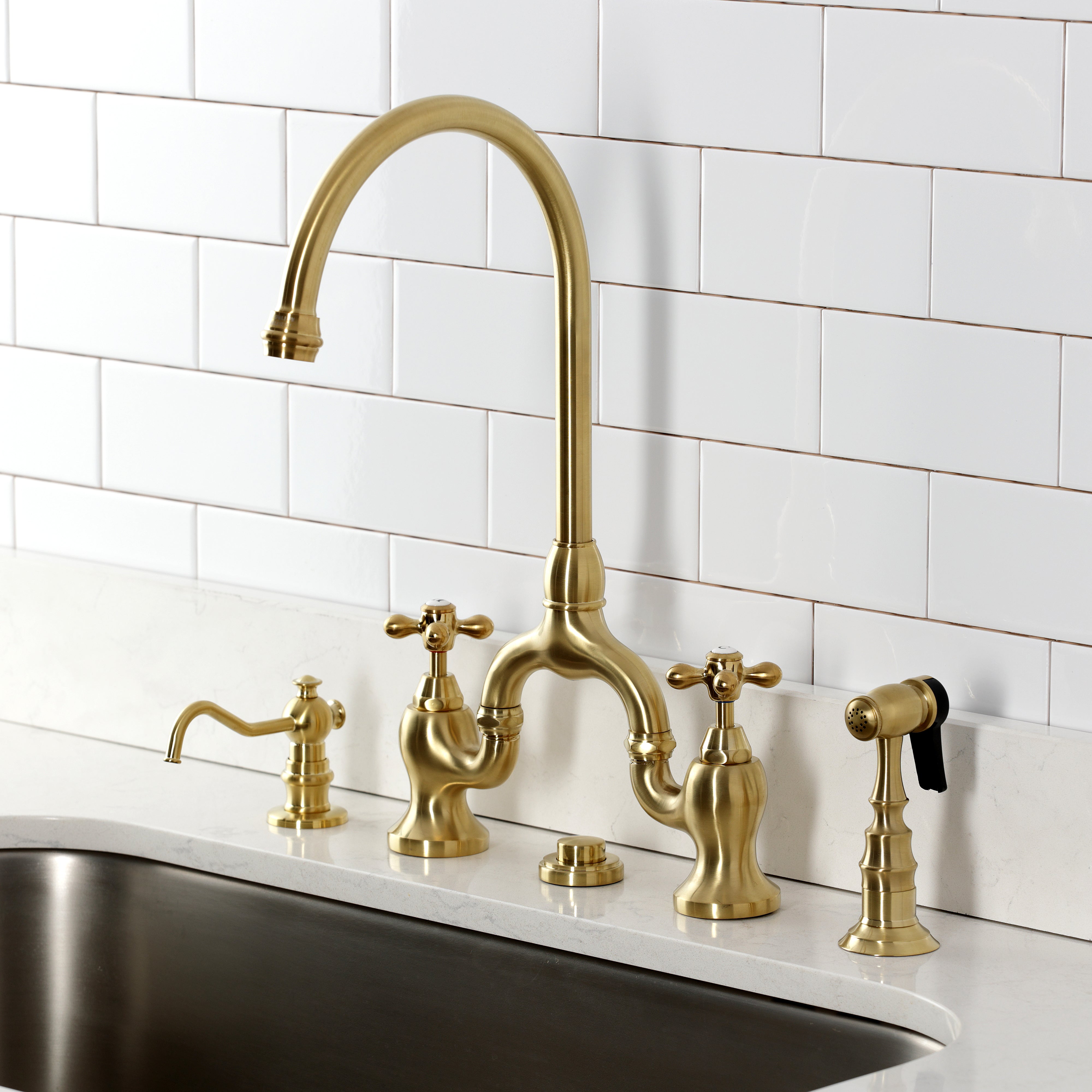 Kingston KS7793AXBS English Country Bridge Kitchen Faucet with Brass Sprayer, Antique Brass