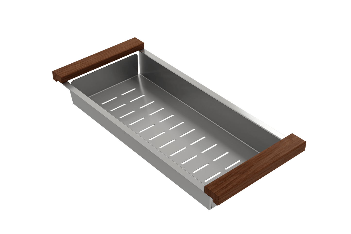 BOCCHI Deep Stainless Steel Colander with Sapele Wooden Handles - 2310 0007 features elegant sapele wood handles and slotted stainless steel.