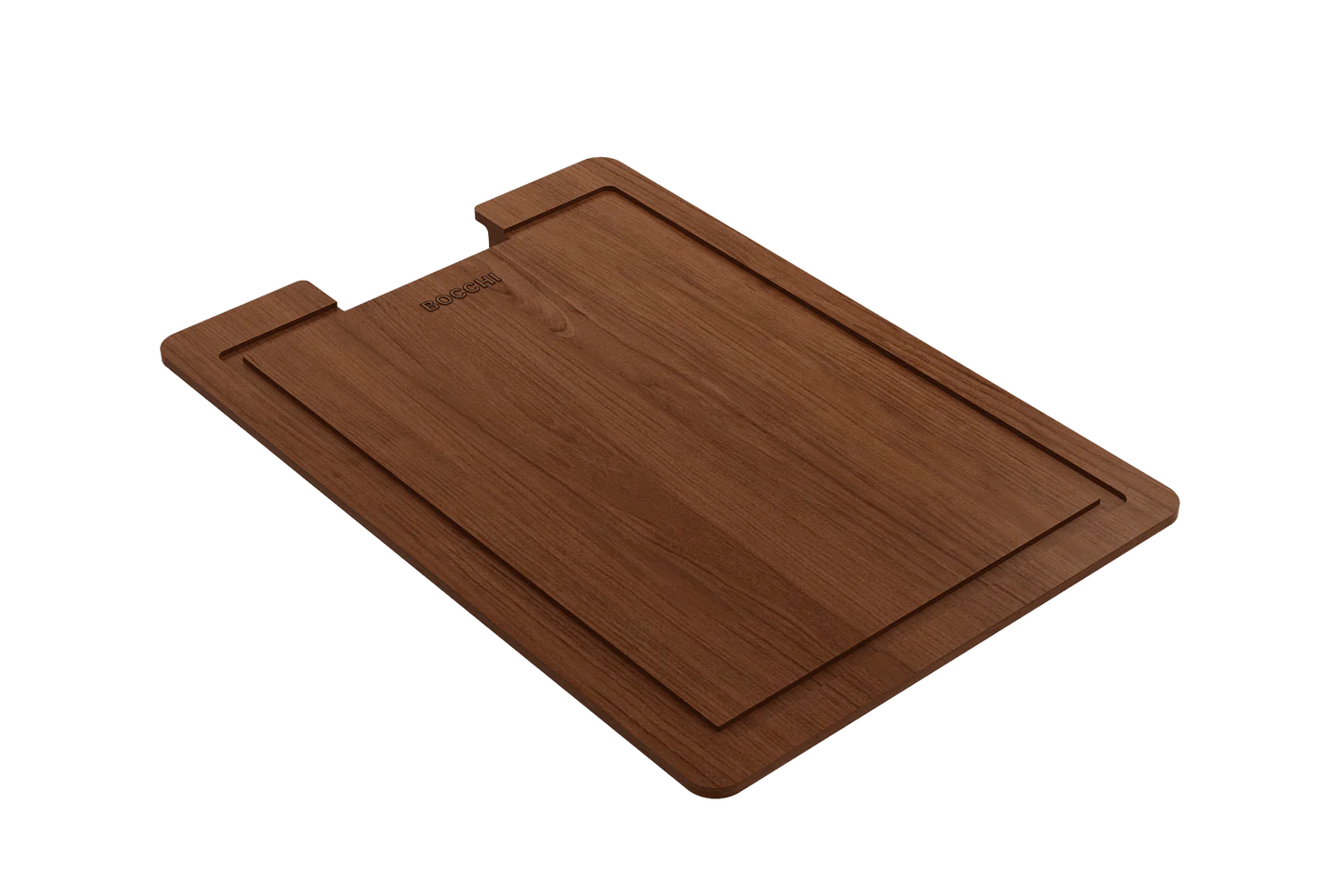 BOCCHI SOTTO 32" Fireclay Kitchen Sink with Pagano Faucet and Accessories cutting board shown at an angle.