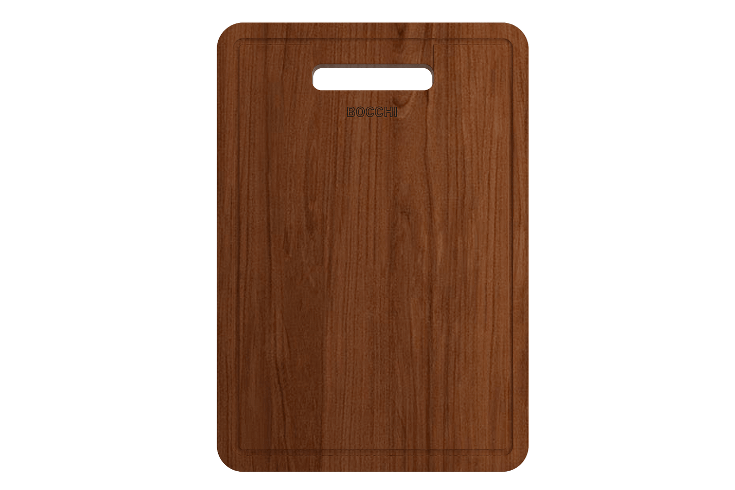 BOCCHI Baveno Wooden Cutting Board  w/ Sapele Mahogany Handle (Inner Ledge) shown from the front view.