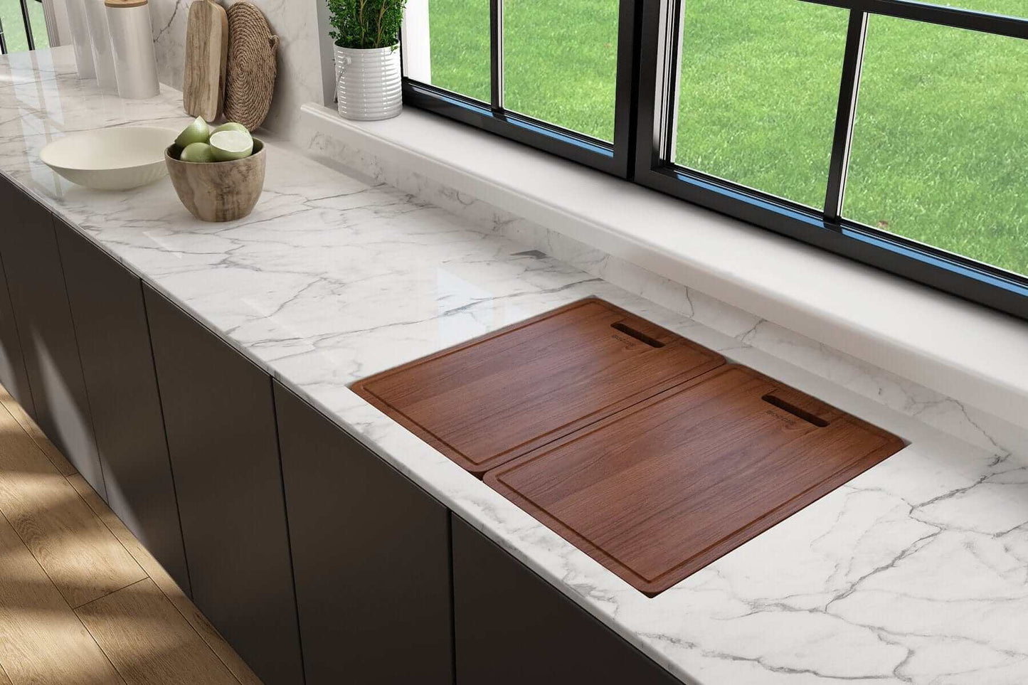 BOCCHI Baveno Wooden Cutting Board/Cover with Sapele Mahogany Handle - 2320 0007 installed in a modern kitchen.