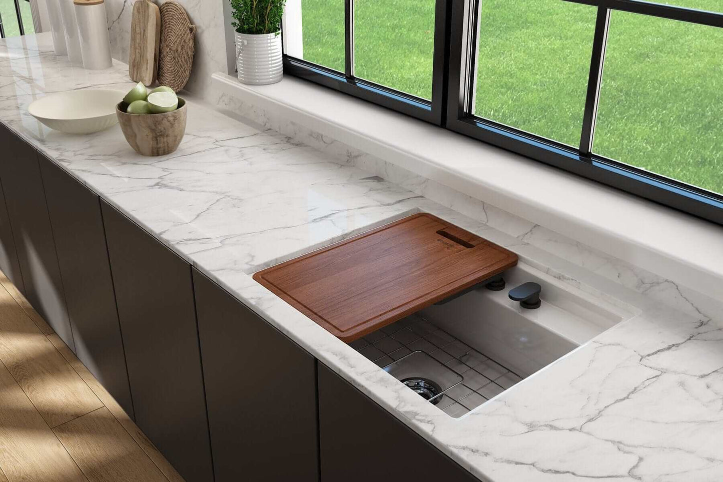 BOCCHI Baveno Wooden Cutting Board/Cover with Sapele Mahogany Handle - 2320 0007 placed on a modern kitchen countertop.