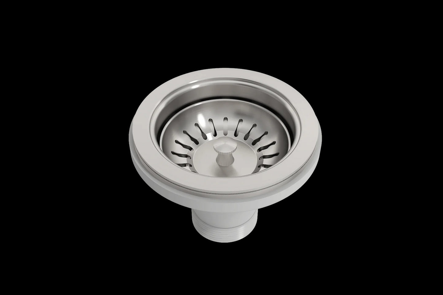 Close up of included sink strainer for Bocchi Sotto 32" fireclay kitchen sink