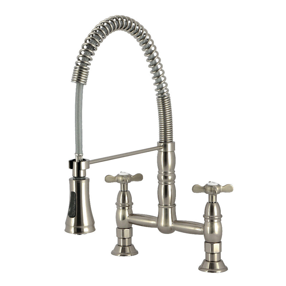 Kingston Brass GS1273BEX Essex Double-Handle Deck-Mount Pre-Rinse Bridge Kitchen Faucet, Antique Brass with brushed nickel finish