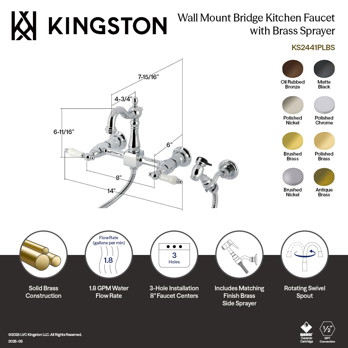 Kingston KS2443PLBS Heritage Two-Handle Wall Mount Bridge Kitchen Faucet with Brass Sprayer, Antique Brass.