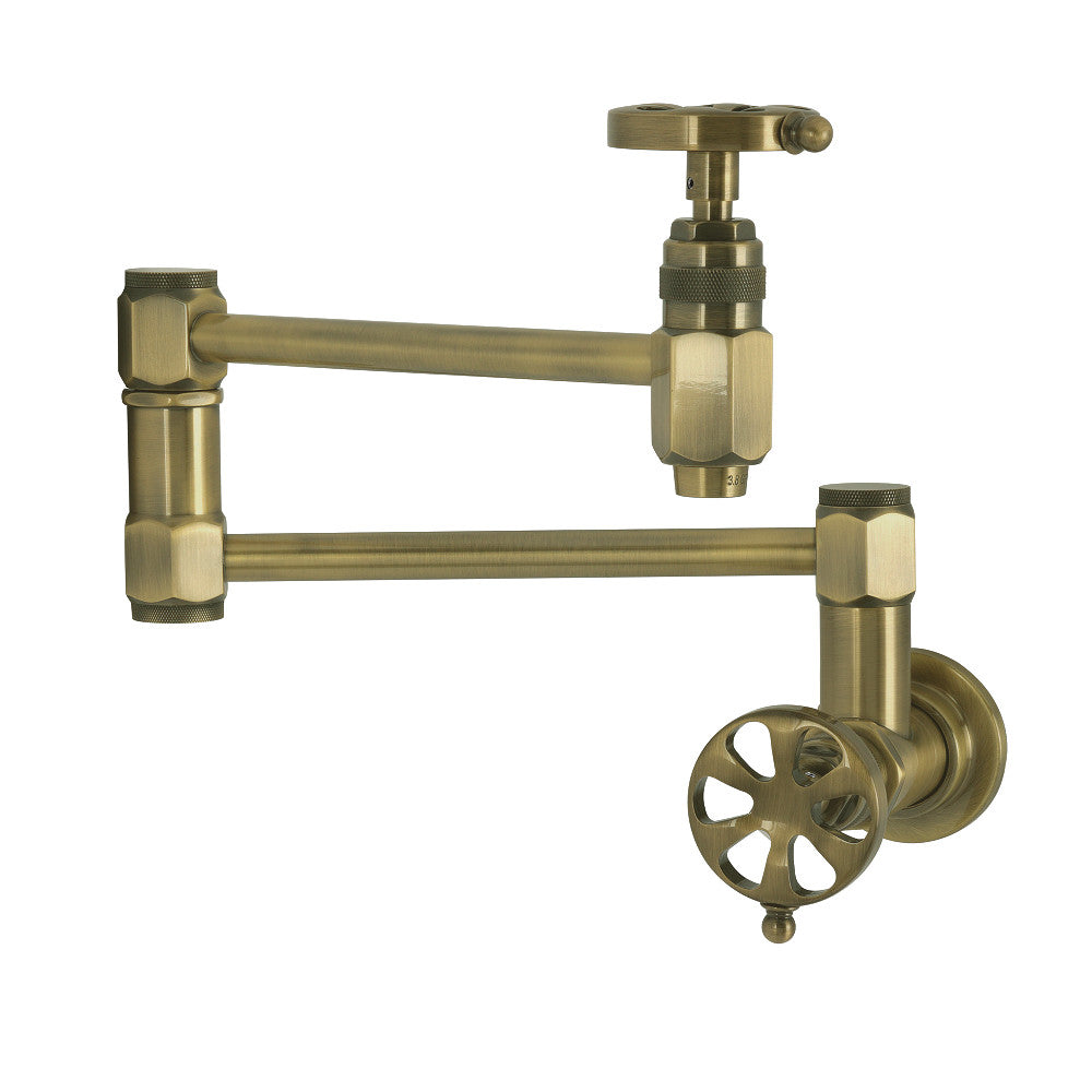 Kingston Brass KS5103RX Belknap Wall Mount Pot Filler Faucet, Antique Brass with stylish industrial wheel handles