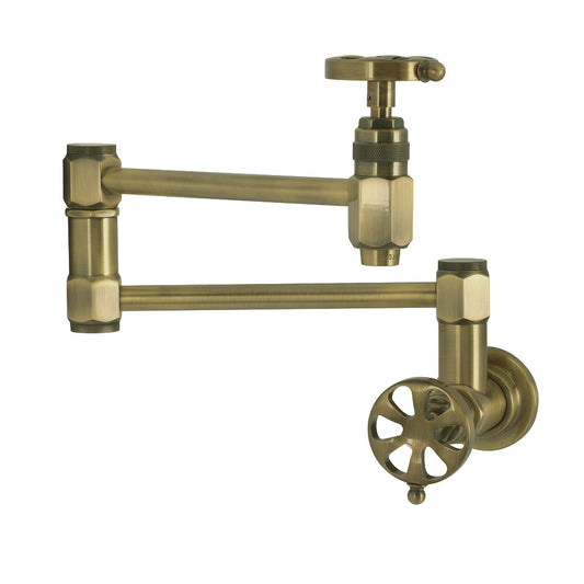 Kingston Brass KS5103RX Belknap Wall Mount Pot Filler Faucet, Antique Brass with stylish industrial wheel handles