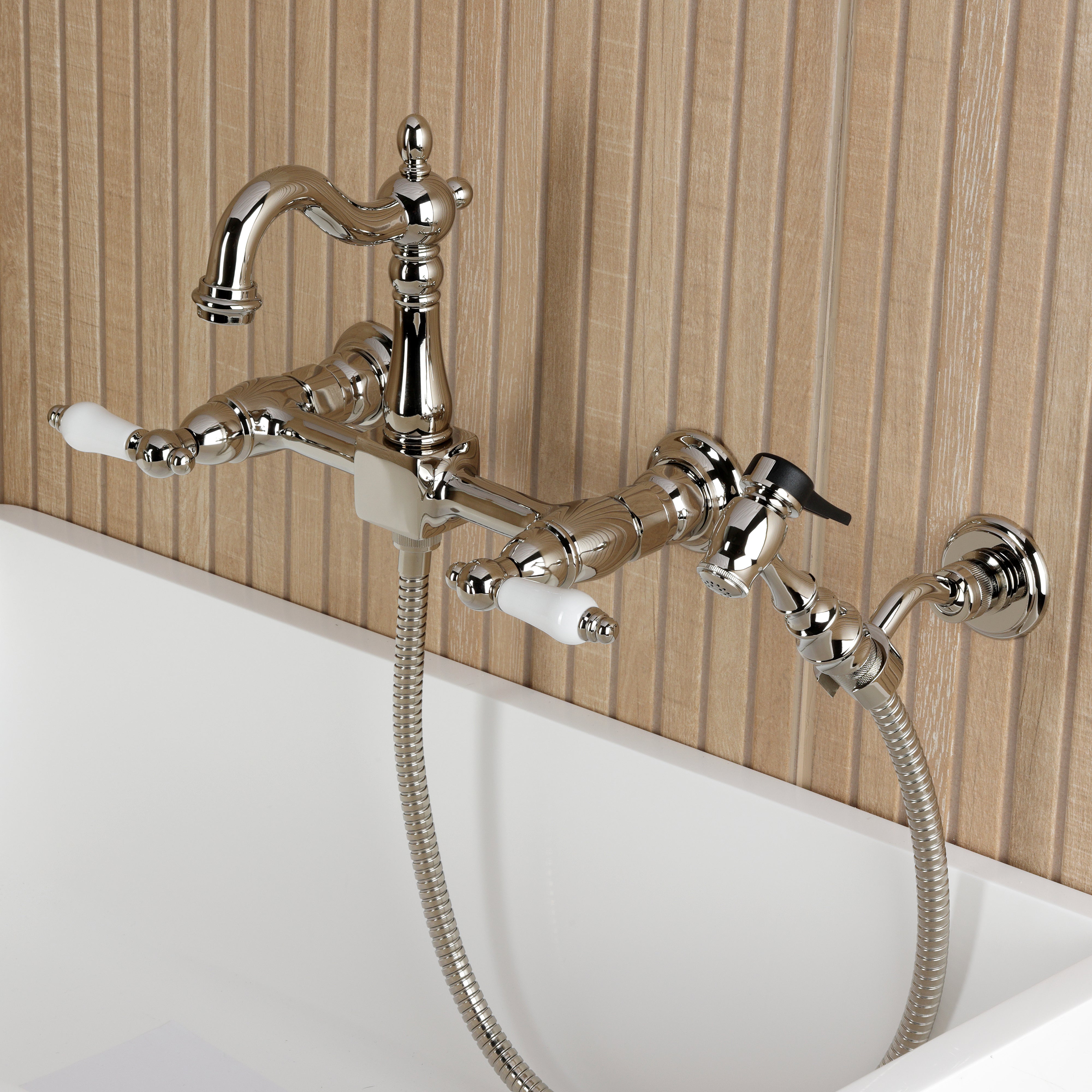 Kingston KS2443PLBS Heritage Two-Handle Wall Mount Bridge Kitchen Faucet with Brass Sprayer, Antique Brass