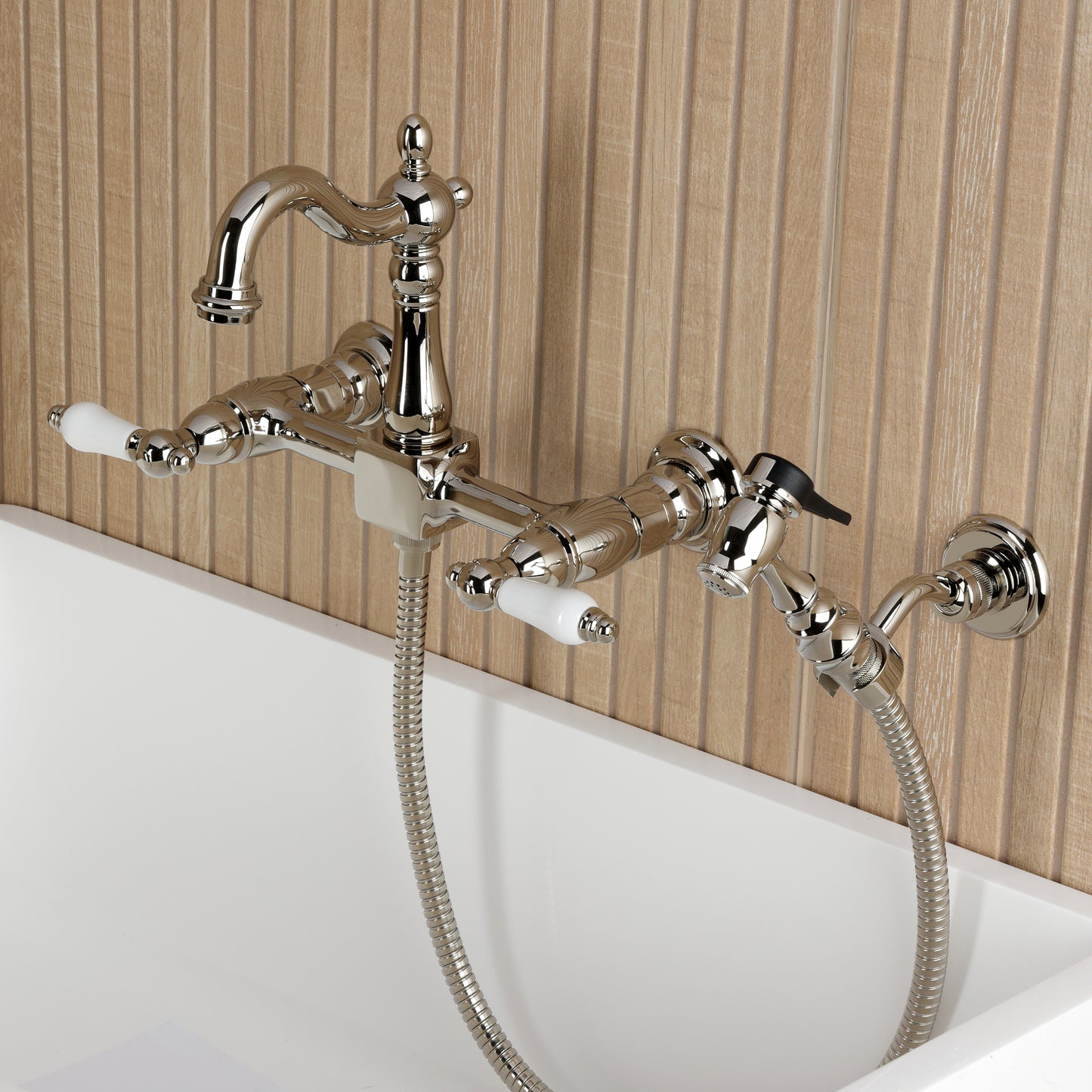 Kingston KS2443PLBS Heritage Two-Handle Wall Mount Bridge Kitchen Faucet with Brass Sprayer, Antique Brass
