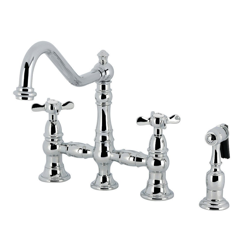 Kingston KS3277BEXBS Essex Bridge Kitchen Faucet with Brass Sprayer, Brushed Brass in polished chrome finish