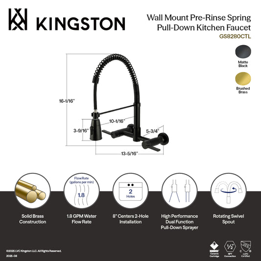 Kingston Brass GS8287CTL Continental Double-Handle Wall-Mount Pre-Rinse Bridge Kitchen Faucet, Brushed Brass illustration