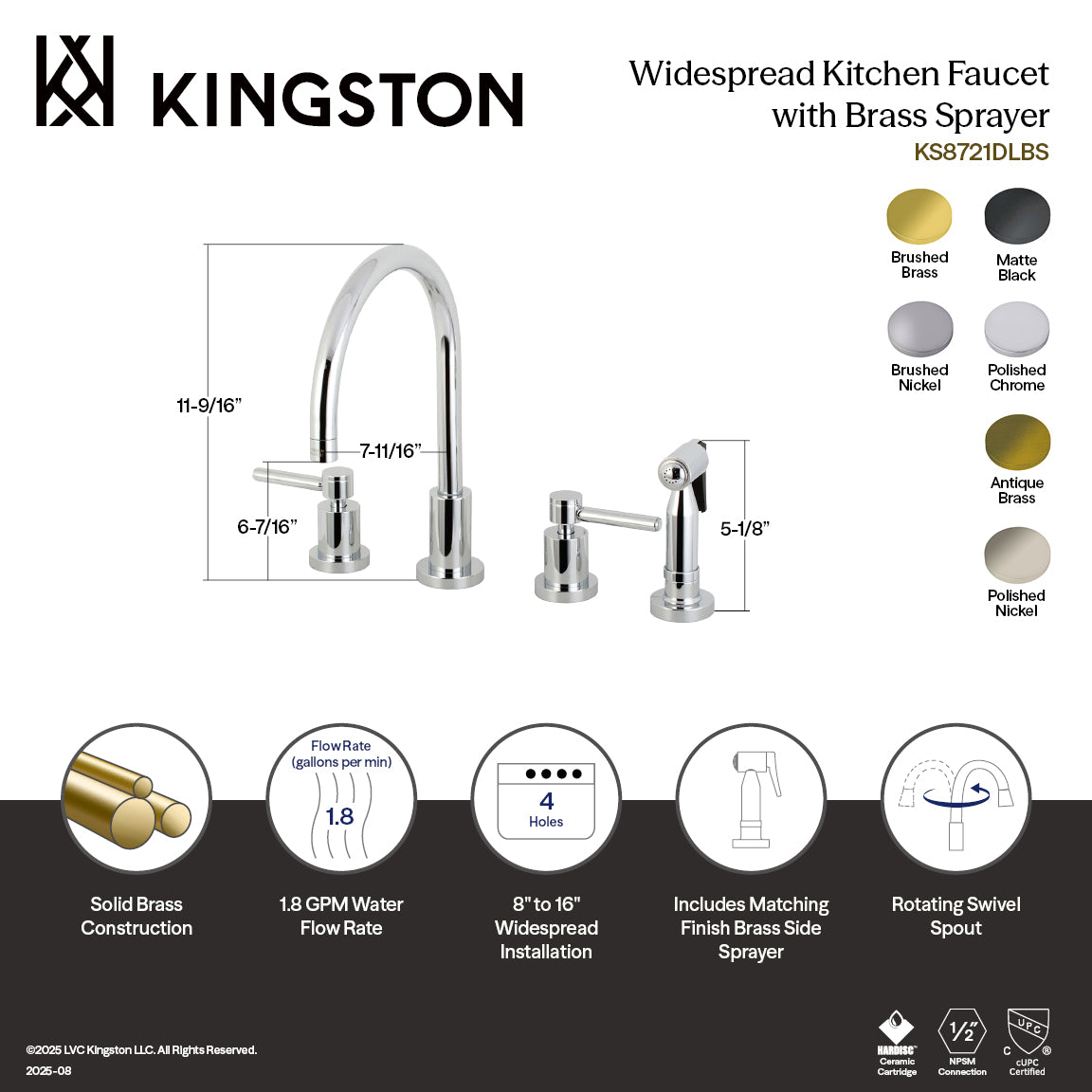 Kingston Brass KS8723DLBS Concord Double-Handle Widespread Kitchen Faucet with Brass Sprayer, Antique Brass