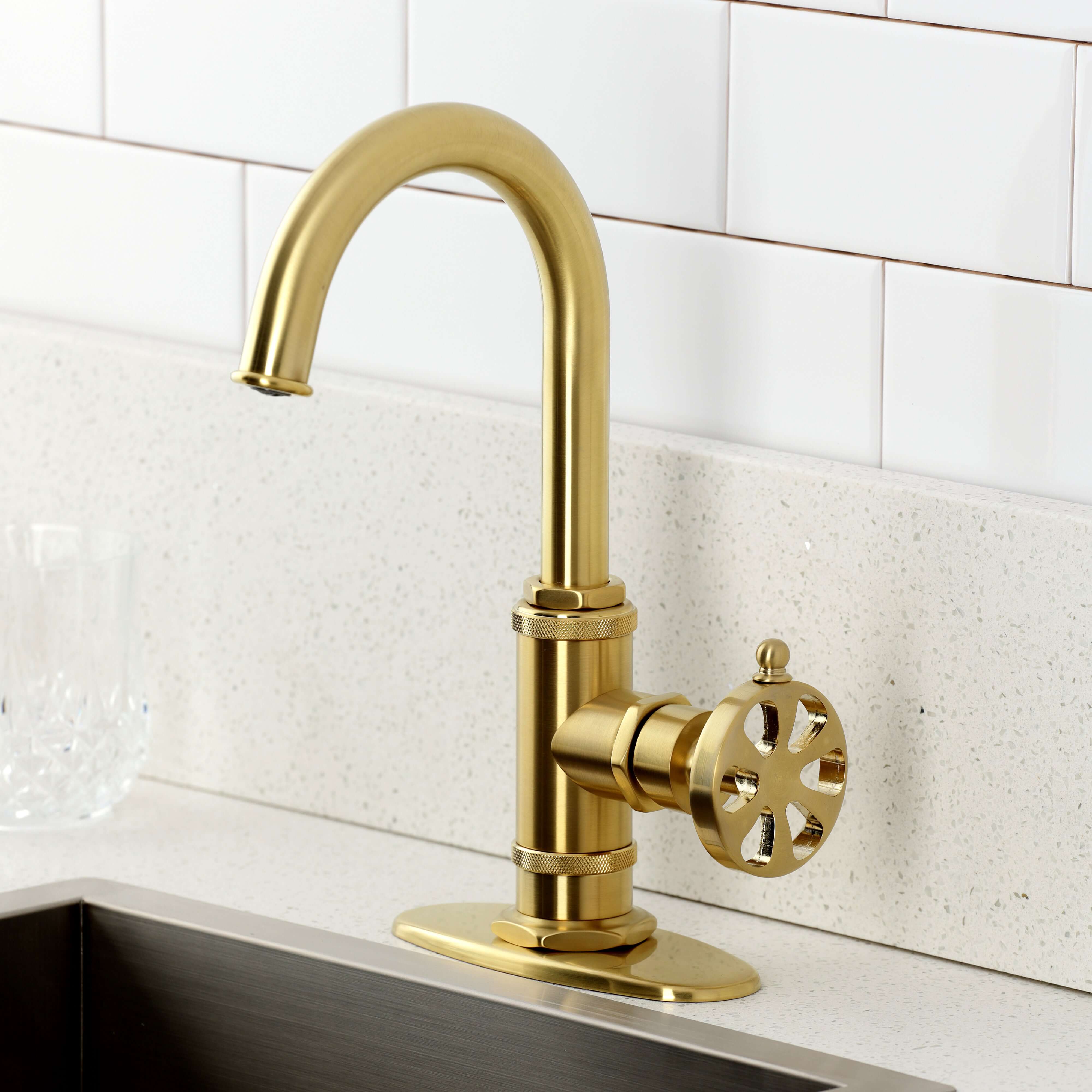 Kingston Brass KSD8503RX Belknap Single-Handle Bar Faucet in satin gold finish, perfect for modern kitchen setups.