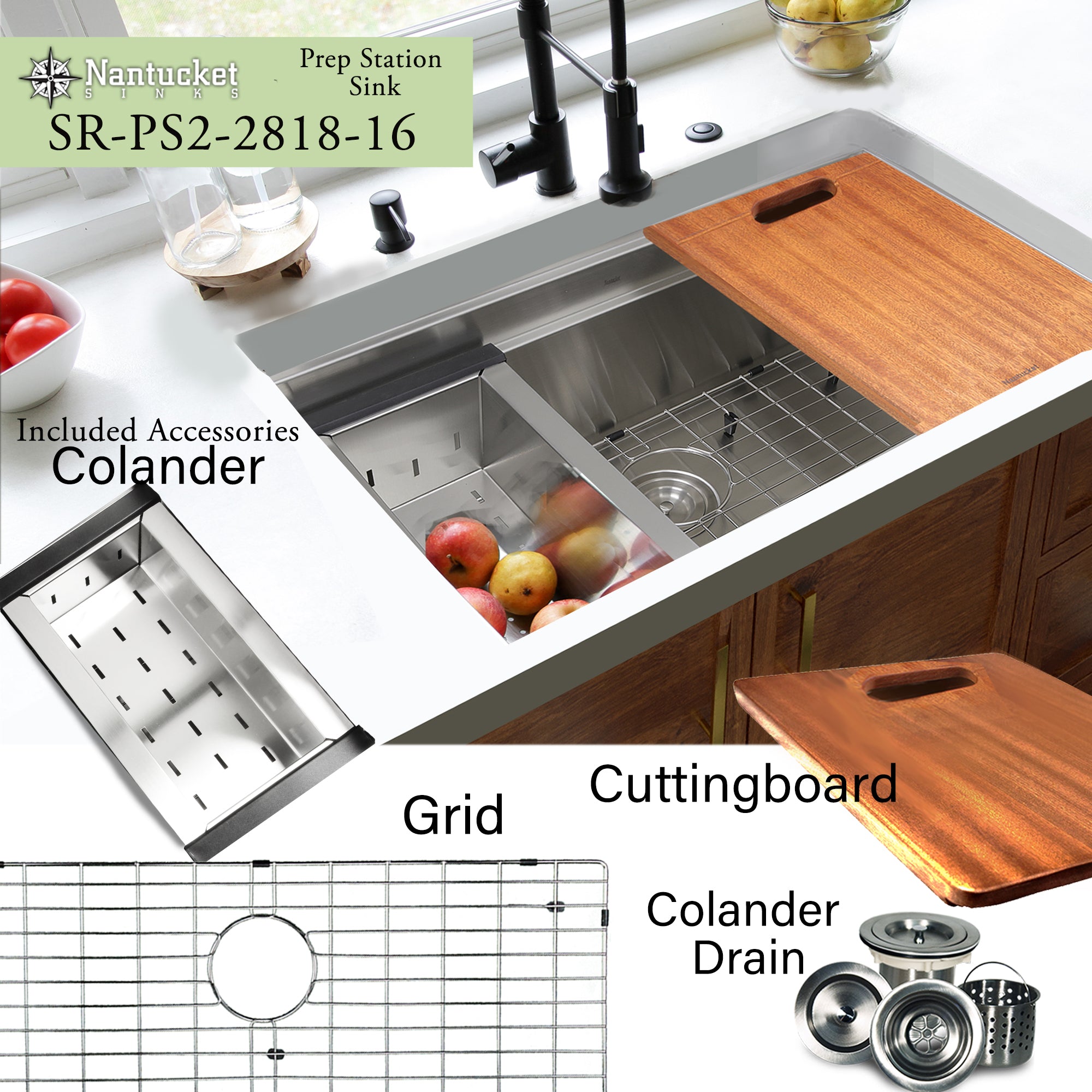 Nantucket Pro Series 28-inch prep station sink included accessories